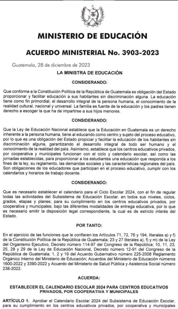 Mineduc Calendario Escolar 2024 para centros educativos del sector privado  