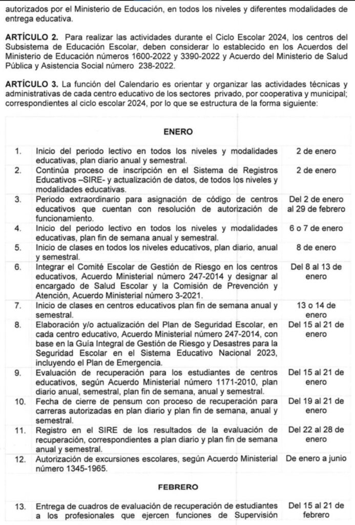 Mineduc Calendario Escolar 2024 para centros educativos del sector privado  