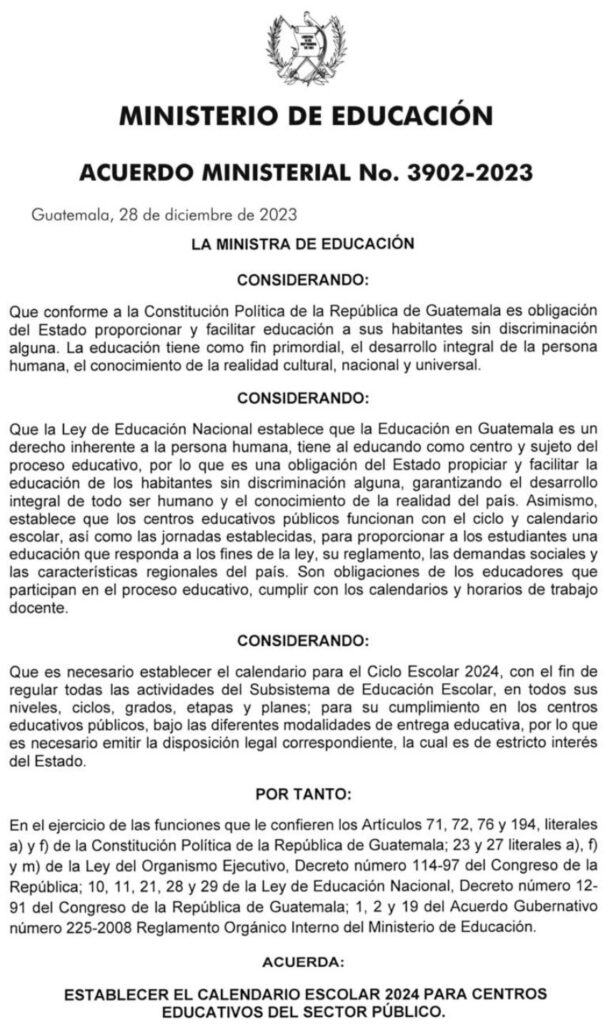 Mineduc Calendario Escolar 2024 para centros educativos del sector público