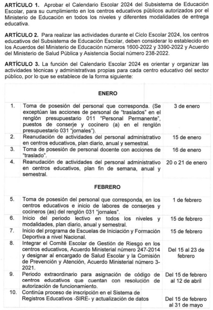 Mineduc Calendario Escolar 2024 para centros educativos del sector público