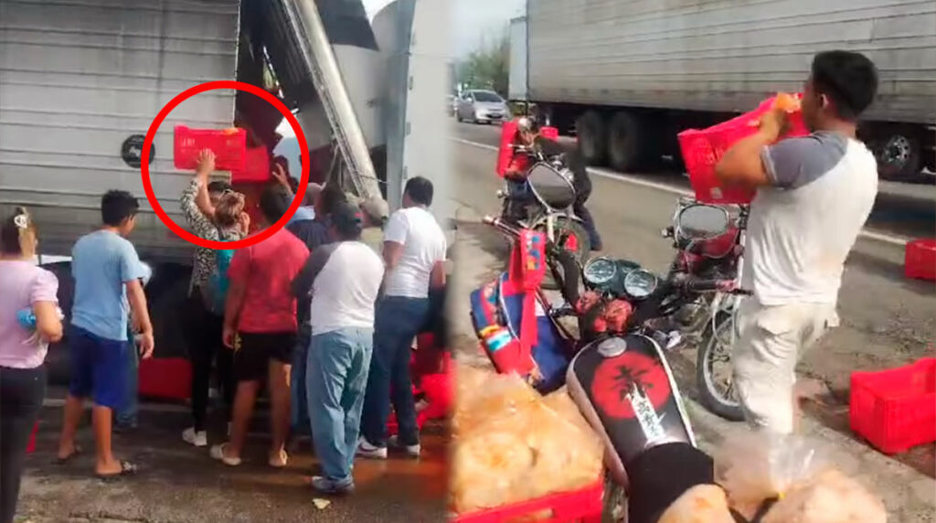 Tráiler-que-trasportaba-pollo-protagoniza-accidente-y-personas-aprovechan-para-robar