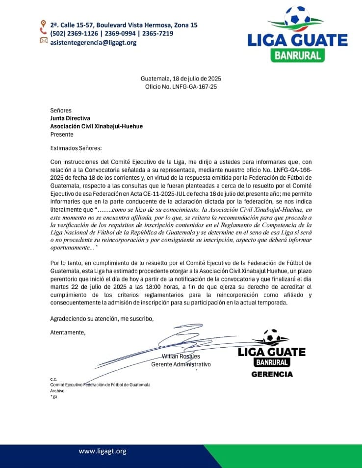 Xinabajul recibe plazo para cumplir requisitos y confirmar su lugar en la Liga Nacional