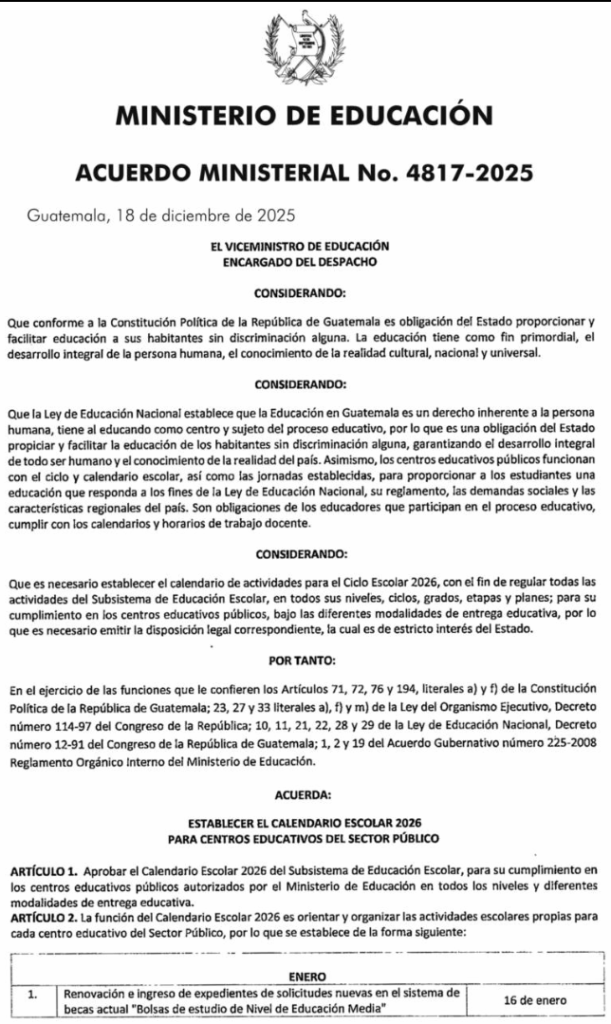 Calendario Escolar 2026 en Guatemala: Todas las fechas importantes según el Mineduc
